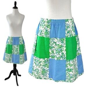 Women's Patchwork A-Line Skirt in Blue, Green & White